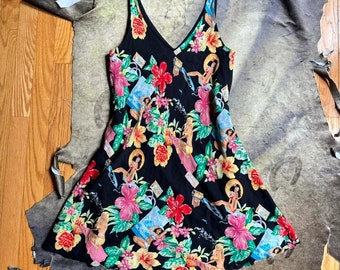 80s Nicole miller tropical vacation Hawaiian novelty print sleeveless summer time silk dress size 10 Medium