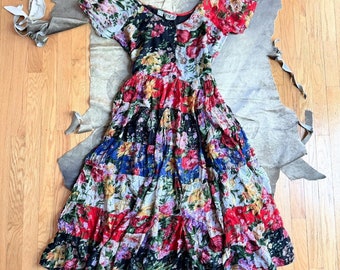 90s floral grunge cottage patchwork colorful floral print dress with tiered trim
