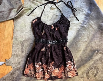 Y2k coastal cowgirl brown lace with floral details and sequin glam accents size M