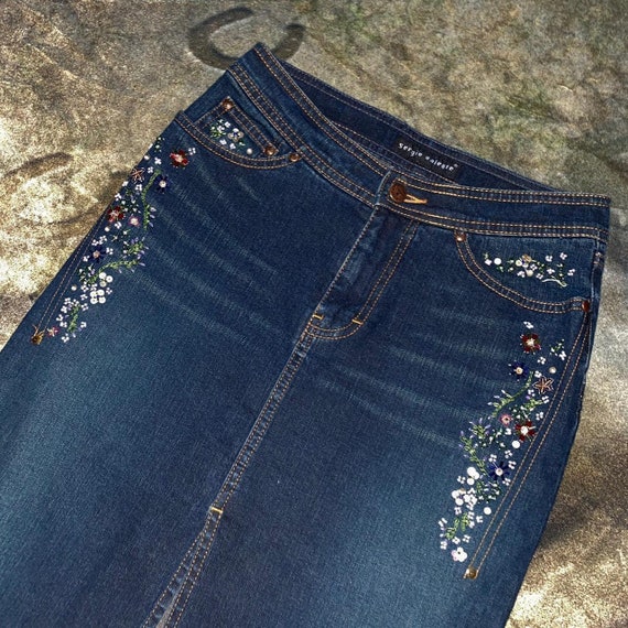 Y2k denim pencil midi skirt with floral beaded de… - image 3