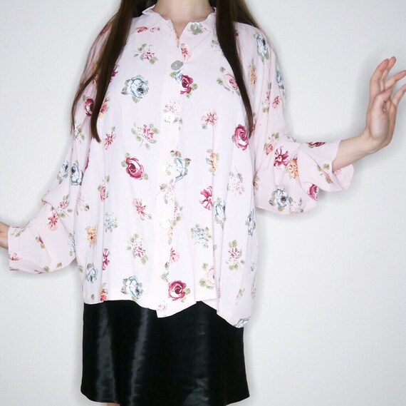 Vtg pastel 90s rose print blouse size XL