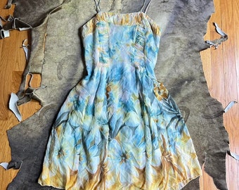90s Y2k silk baby blue and yellow tropical floral print prairie dress Sz small