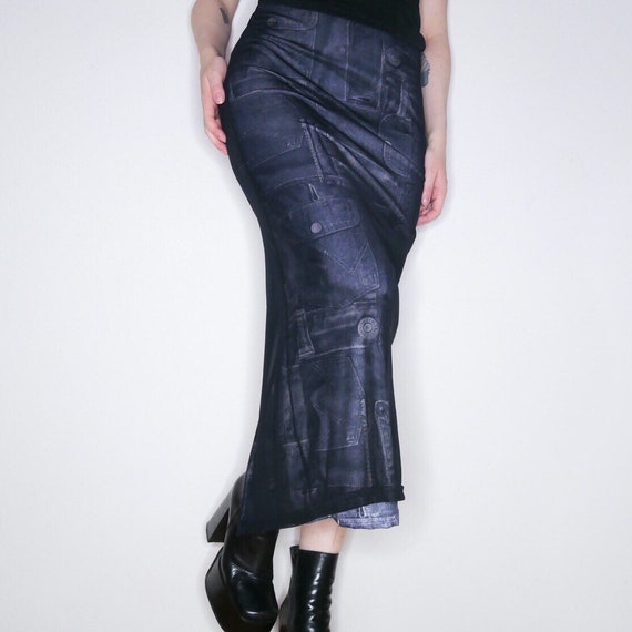 denim skirt with mesh overlay