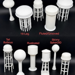 May include: A collection of eleven white 3D-printed water tower models with various structural designs. Labels include SpheroidAL, 16-Leg, 8-Leg, Fluted/Grooved, 10-Leg, Tall Bulbous, Thick SpherOID, Rusticated, Cylindrical 4-Leg, Skinny SpherOID, and Rounded 6-Leg.
