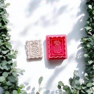 May include: Two pineapple-shaped cookie cutters. One is a light beige color, and the other is bright pink. Both cutters have a rectangular frame with a scalloped edge. The pineapple design is in the center of each frame.