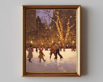 May include: A framed painting depicts an ice skating scene at dusk. People are skating on a frozen pond, surrounded by trees and soft, warm lights. The painting is in a gold frame.