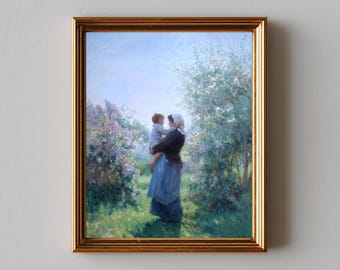 Vintage Cottagecore Garden Scene - Grandmother & Child in Cozy Embrace, Sentimental Wall Art, Pastoral Home Decor, Digital Download 672