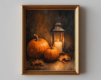 Rustic Pumpkin & Lantern Still Life Art Print – Vintage Fall Decor (Digital Download)