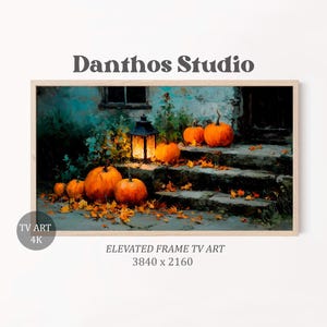 May include: A framed digital painting depicts a cozy autumn scene. Bright orange pumpkins are arranged on stone steps, with a lit lantern and falling leaves. The artwork is labeled "Danthos Studio" and "ELEVATED FRAME TV ART 3840 x 2160".