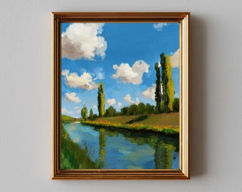 Cottagecore French Countryside Printable Wall Art, Serene River & Cypress Trees, Impressionist Style Spring Landscape Digital Download 683