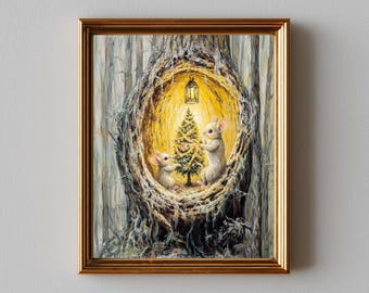 Rustic Christmas Mouse Family Scene - Cozy Cottagecore Printable Festive Decor, Cute Tree Decorating, Instant Download Storybook Art 660