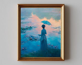 Vintage Lady by Water - Romantic Printable Painting, Dreamy Pastel Decor, Impressionist Wall Art with Parasol, Digital Download 690