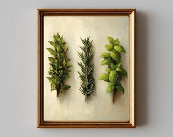 Printable Minimalist Herb Botanical Art - Textured Rosemary, Thyme & Basil, Neutral Farmhouse Decor, Modern Wall Art, Digital Download 616