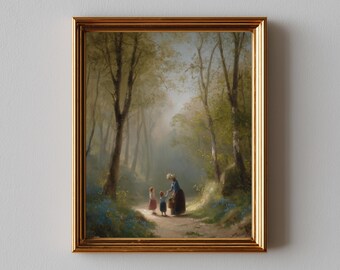 Vintage Woodland Family Scene - Pastoral Oil Painting, Mother and Children Art, Cottagecore Country Decor, Printable Art Download 677