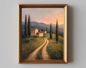 Rustic Village Road in Summer - Printable Landscape Wall Art, Pastoral Scene, Vintage Farmhouse Decor, Cottage Style Digital Painting 232
