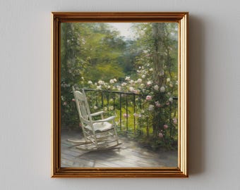 Cottagecore Porch Chair and Garden View Print - Vintage Rocking Chair Painting, Cozy Country Decor, Rustic Printable Art Download 678