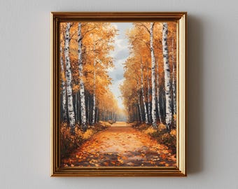 Autumn Birch Tree Pathway - Rustic Fall Landscape Art, Cozy Nature Scene, Printable Wall Art, Textured Painting with Golden Foliage 295