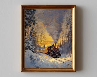Vintage Winter Train Printable Wall Art - Moody Locomotive in Snowy Forest, Rustic Landscape Decor, Cozy Digital Painting Download 664