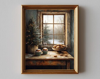 Rustic Christmas Baking Scene - Vintage Winter Kitchen Print, Festive Farmhouse Decor, Cozy Holiday Window Art, Printable Download 656