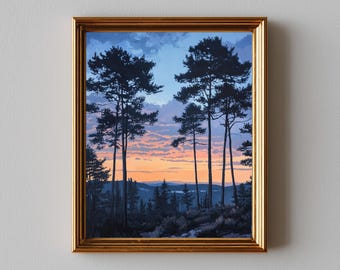 Rustic Pine Tree Silhouettes Against Sunset Sky - Moody Twilight Landscape Painting, Serene Forest Scene, Printable Nature Art, Digital 293