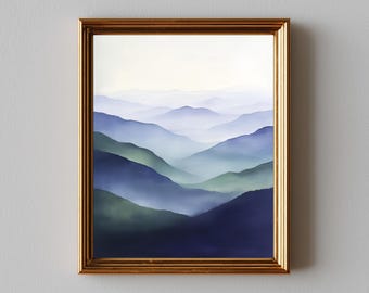 Moody Layered Mountain Landscape - Minimalist Art, Soft Morning Mist, Slate Blue and Sage, Printable Wall Art, Calm, Digital Download 302