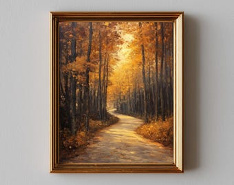 Autumn Woodland Path Painting - Rustic Fall Landscape Art, Warm Earthy Colors, Printable Forest Pathway Decor, Digital Wall Art 107