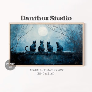 Puede incluir: Impresión enmarcada con cuatro gatos negros frente a un paisaje azulado iluminado por la luna. La obra de arte, "Danthos Studio", está diseñada para arte de TV con marco elevado, con una resolución de 3840 x 2160.