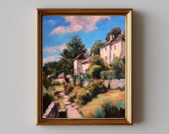 Mediterranean Village Path Landscape Painting - Rustic Cottagecore Decor, Sunlit Hillside Impressionist Style, Printable Digital Art 688