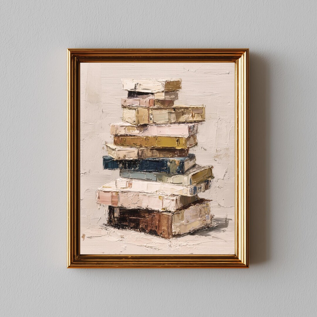 Rustic Book Stack Painting, Cozy Vintage Impasto Style, Neutral Art ...