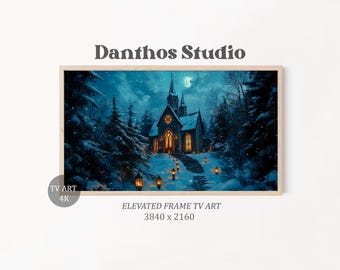 Winter Chapel Landscape Art for Frame TV, Illuminated Church (Digital Download)