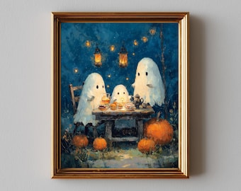Lámina de Halloween con fantasmas y calabazas – Arte Cottagecore espeluznante (Descarga digital)