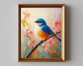 Vintage Bluebird with Blossoms - Cheerful Cottagecore Springtime Art, Cottage Style Painting, Cozy Nature Home Decor Printable 610