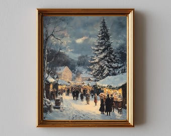 Victorian Christmas Market Painting - Festive Winter Scene, Moody Vintage Holiday Wall Art Print, Glowing Lanterns Digital Download 657
