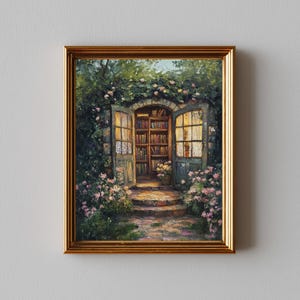 May include: A framed oil painting depicts an open doorway leading to a library. The door is surrounded by lush greenery and pink flowers. The interior of the library is filled with bookshelves and warm light.