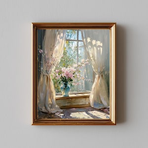 May include: A framed painting depicts a sunlit window scene. Soft, sheer curtains frame the view of a lush, green outdoor space. A blue vase holds pink flowers, adding a touch of color to the serene interior. The artwork is encased in a gold frame.