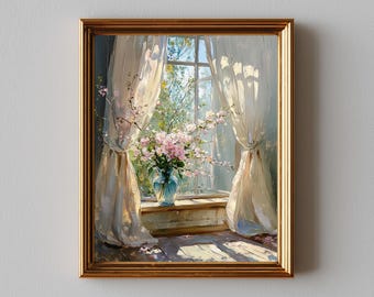 Sunlit Cottage Window Printable - Airy Cozy Impasto Painting, Cottagecore Floral Art, Sun-draped Curtains and Flowers, Digital Download 589