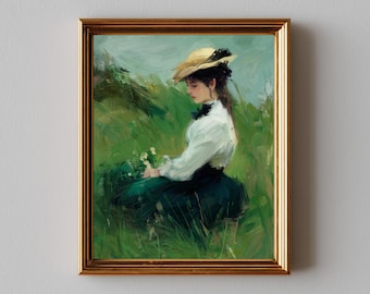Summer Meadow Woman - Pastoral Vintage Wall Art, Cottagecore Printable Print, Peaceful Impressionist Study, Romantic Landscape Download 689