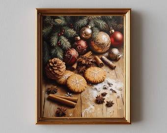 Vintage Christmas Baking Still Life - Cozy Rustic Holiday Kitchen Decor, Festive Cookie Art, Farmhouse Warmth, Printable Digital Art 662