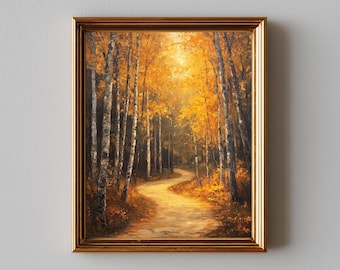 Autumn Forest Pathway Painting - Rustic Fall Landscape, Warm Earthy Colors, Printable Cottagecore Wall Art, Winding Road Decor 109