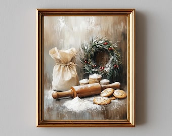 Vintage Holiday Baking Art - Printable Christmas Wall Decor, Rustic Farmhouse Style, Minimalist Baking Scene, Cozy Kitchen Art Download 659
