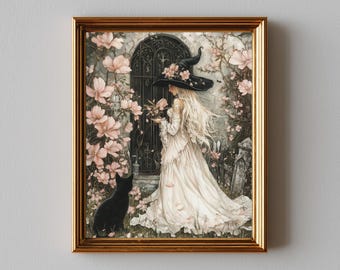 Fairy in Blossom Garden Watercolor Print – Ethereal Cottagecore Art (Digital Download)
