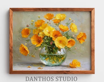 Printable Cottagecore Bouquet Painting - Vintage California Poppies Art, Cheerful Impressionist Wall Decor, Yellow-Orange Floral Digital 20