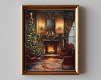 Vintage Victorian Fireplace Scene - Cozy Festive Winter Wall Art, Elegant Holiday Decor, Christmas Home, Printable Painting Download 319