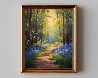 Bluebell Woodland Path Art Print – Spring Cottagecore Landscape (Digital Download)