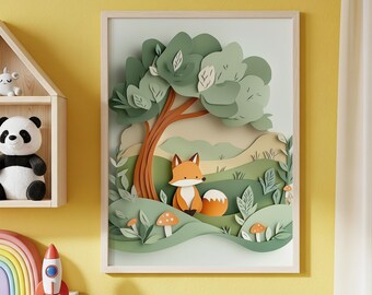 Woodland Fox Printable Art - Minimalist Layered Papercut Shadow Box Style, Woodland Nursery Decor, Cute Animal Scene, Forest Wall Print 269
