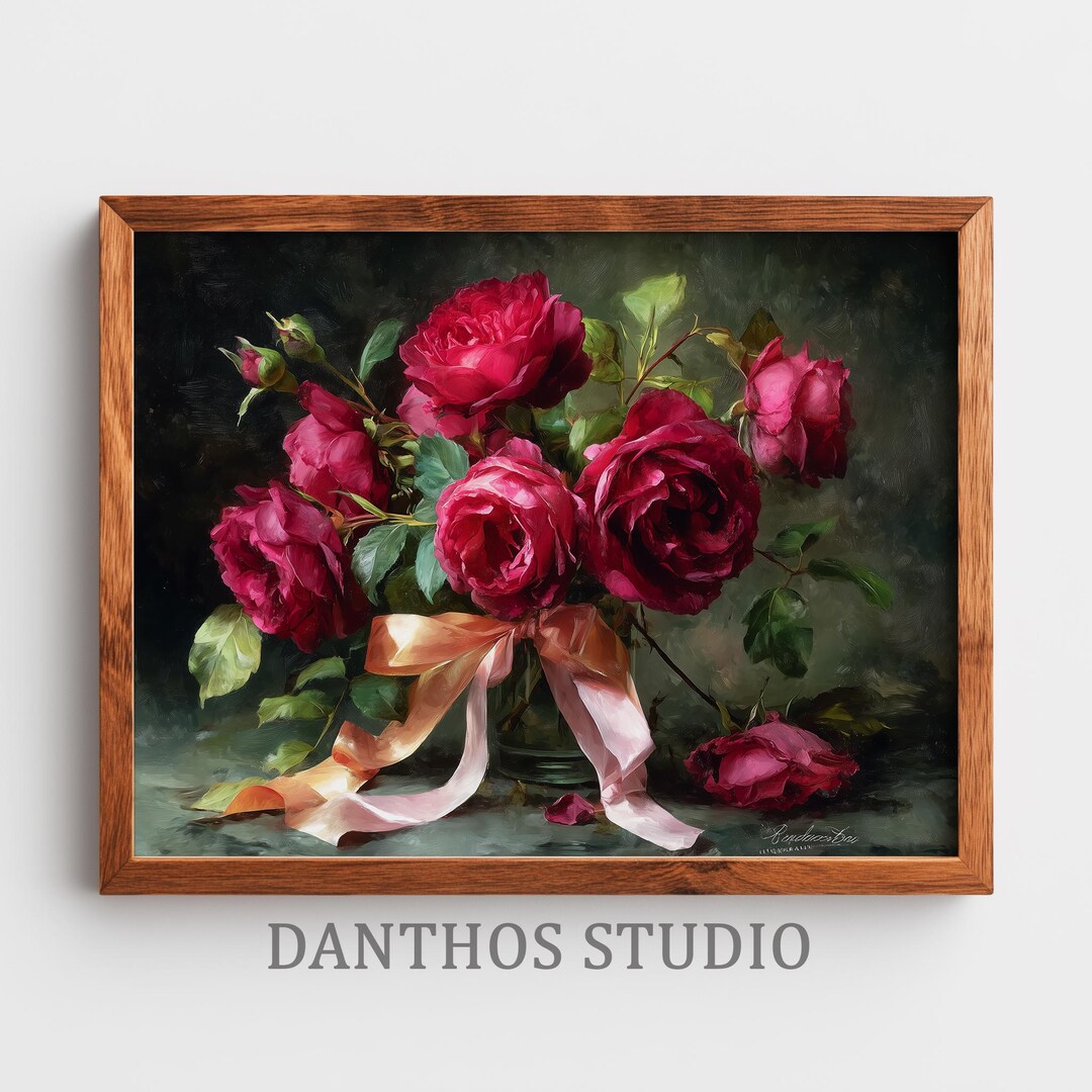 Vintage Red Rose Bouquet Print - Romantic Classic Floral Arrangement ...