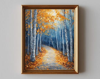 Autumn Birch Forest Trail Printable - Rustic Fall Wall Art, Moody Landscape Painting, Cozy Golden Leaves, Impressionist Decor Download 291