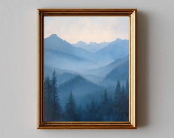 Printable Misty Mountain Landscape - Cool Blue Tones, Moody Forest Silhouettes, Rustic Minimalist Art, Atmospheric Wall Decor 303