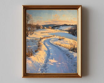 Snow-Covered Countryside Oil Painting - Printable Winter Landscape Art, Rustic Farmhouse Decor, Earthy Cottagecore Wall Art Print 110
