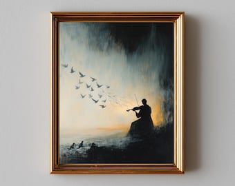 Moody Violinist Oil Painting - Dark Silhouette with Musical Trails, Atmospheric Wall Art, Printable Music Decor, Rustic Vintage Style 95